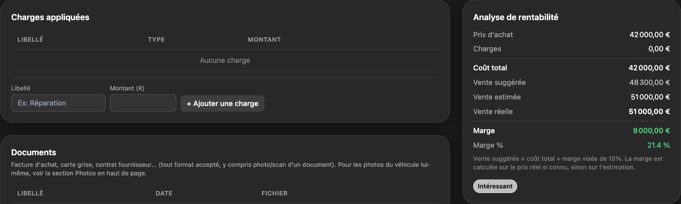 Fiche véhicule et analyse de marge GAAW